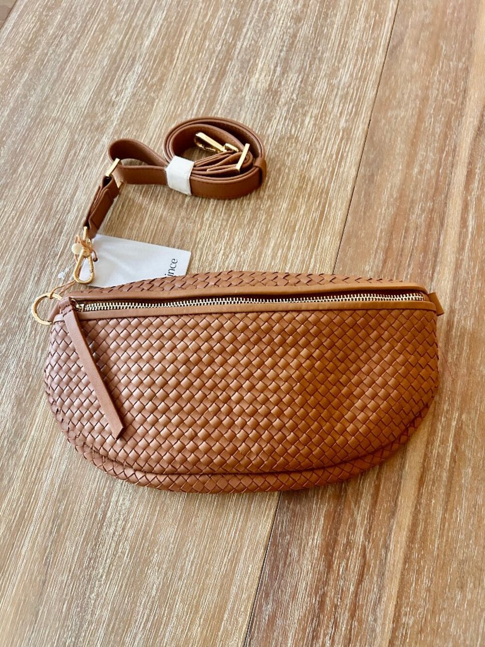 NWT Quince Italian Cognac Leather Handwoven Sling Bag Fanny Pack Purse